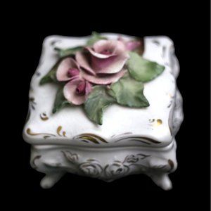 1940s Corday Rose Flower Porcelain Trinket Footed Box Vintage Cordey 5"x5"x4"